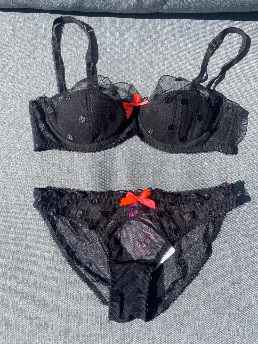 Agent Provocateur L’Agent Black Sheer Dot Lace Bra & Panty Set with Orange Bow